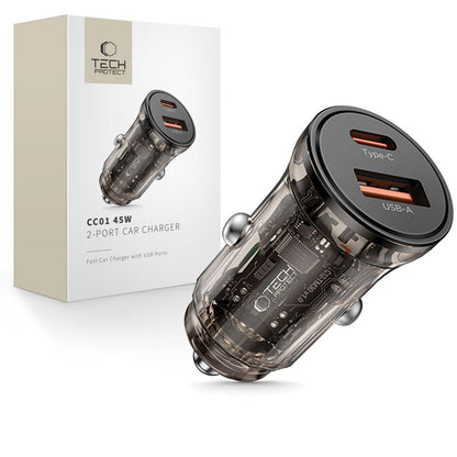 Auto-Ladegerät Tech-Protect CC01, 45W, 5A, 1 x USB-A - 1 x USB-C, Schwarz