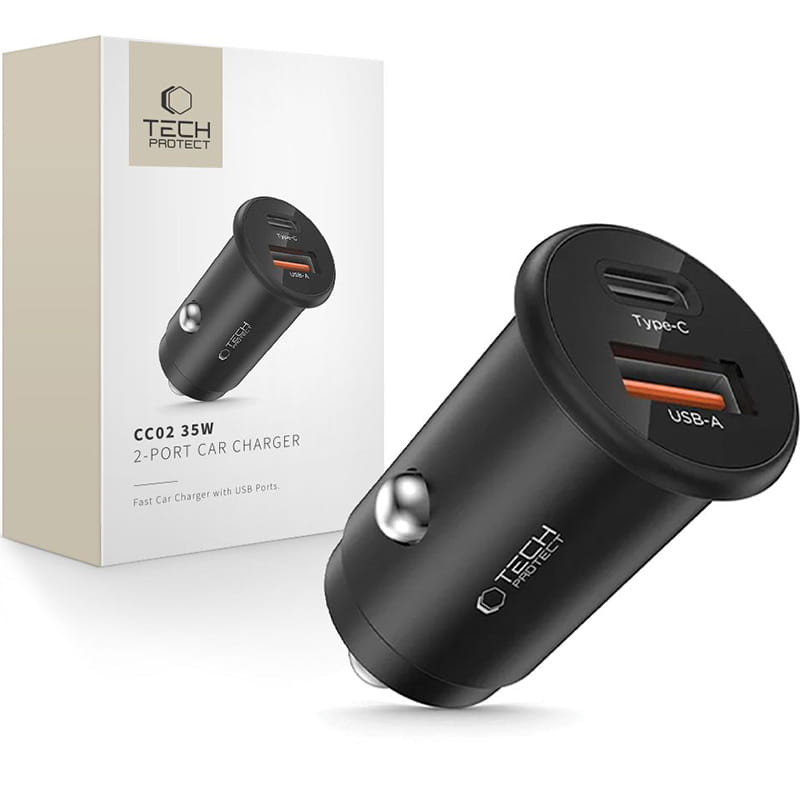 Auto-Ladegerät Tech-Protect CC02, 35W, 3A, 1 x USB-A - 1 x USB-C, Schwarz