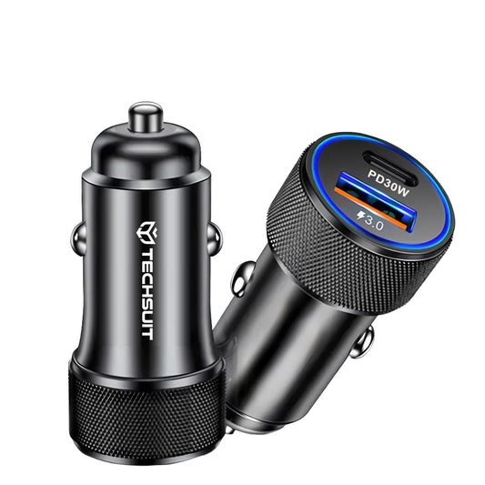 Techsuit C2 VoltDuo Car Charger, 30W, 3A, 1 x USB-A - 1 x USB-C, Black