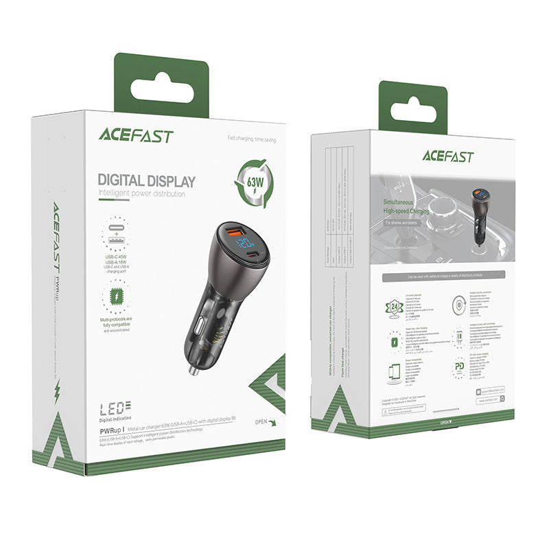Acefast Auto-Ladegerät B6, 63W, 3,6A, 1 x USB-A - 1 x USB-C, Schwarz