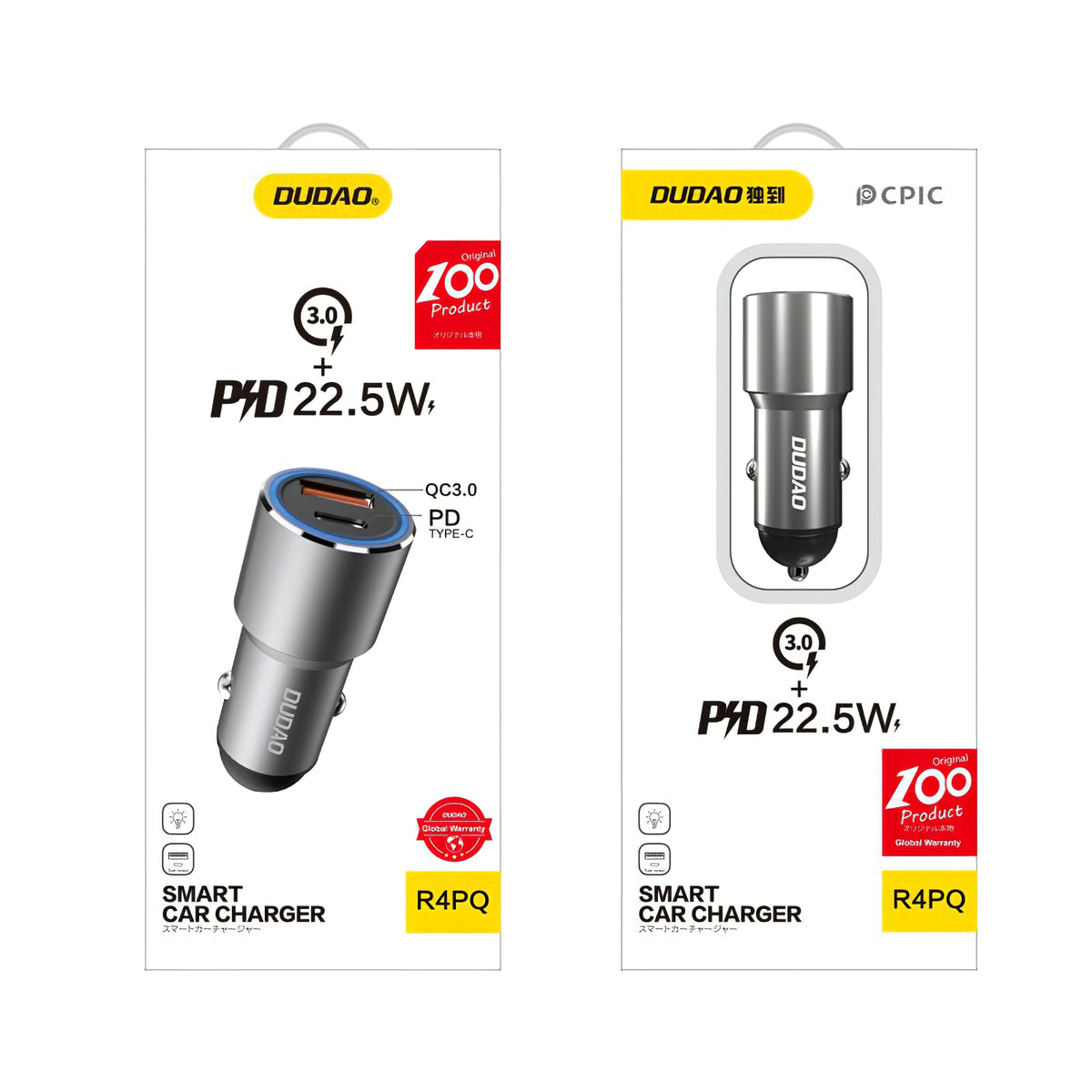 USB-Auto-Ladegerät Dudao R4PQ, 1 x USB - 1 x USB Typ-C, 22,5 W, Quick Charge - Power Delivery, Grau