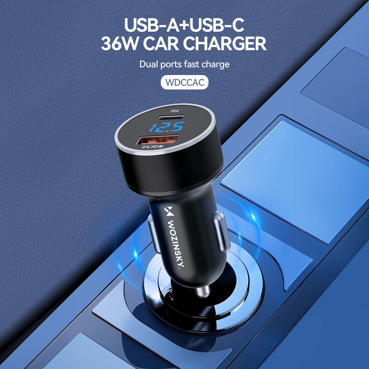 Autoladegerät WZK WDCCAC, 36W, 3A, 1 x USB-A - 1 x USB-C, Schwarz 