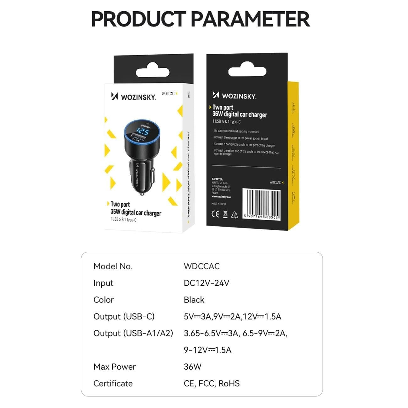 Autoladegerät WZK WDCCAC, 36W, 3A, 1 x USB-A - 1 x USB-C, Schwarz 