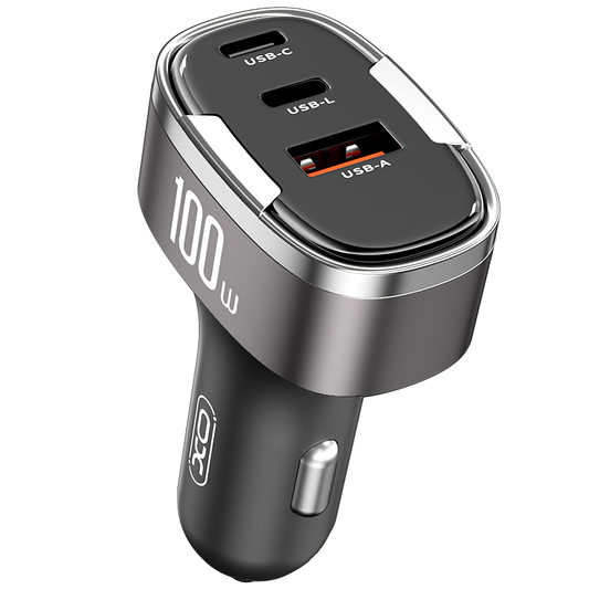 XO Design CC61 Car Charger, 100W, 3A, 1 x Lightning - 1 x USB-A - 1 x USB-C, Gray