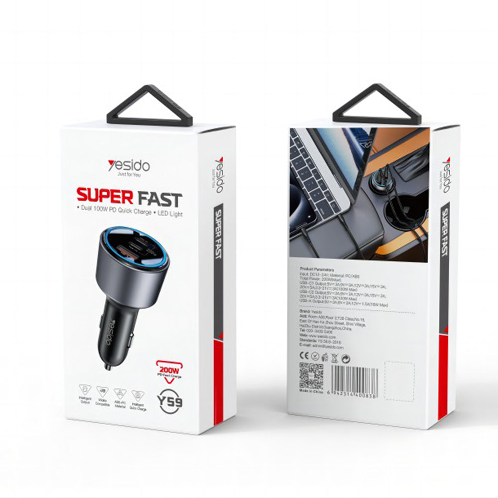 Auto-Ladegerät Yesido Y59, 200W, 5A, 1 x USB-A - 2 x USB-C, Schwarz
