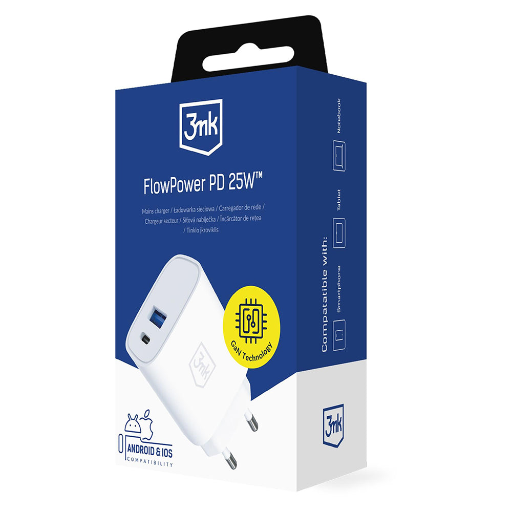 3MK FlowPower Netzladegerät, 25W, 1 x USB-A - 1 x USB-C, Weiß