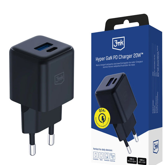 Netzladegerät 3MK Hyper, 20W, 3A, 1 x USB-A - 1 x USB-C, Schwarz