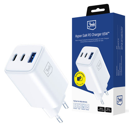 Netzladegerät 3MK Hyper, 65W, 3.25A, 1 x USB-A - 2 x USB-C, Weiß