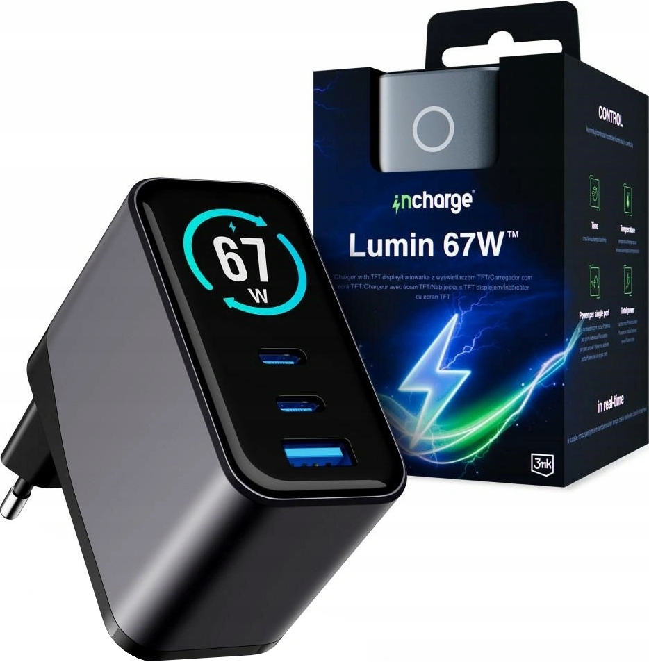 Netzteil 3MK InCharge Lumin Display, 67W, 5A, 1 x USB-A - 2 x USB-C, Schwarz