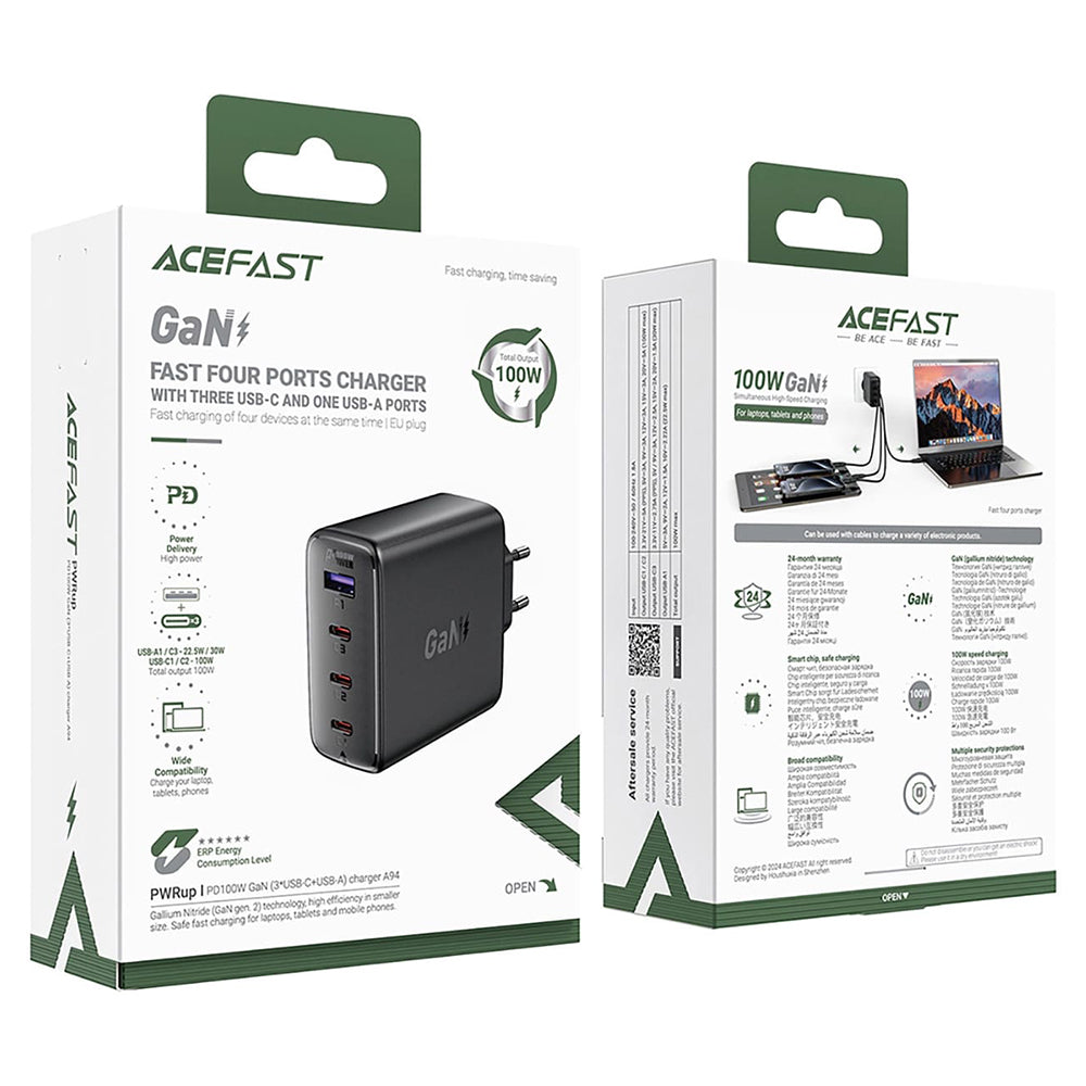 Netzladegerät Acefast A94, 100W, 5A, 1 x USB-A - 3 x USB-C, Schwarz