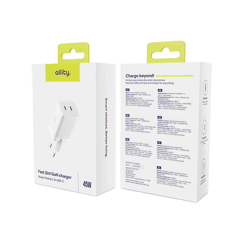 Netzladegerät Allity. ATC-01-45WCC Fast, 45W, 3A, 2 x USB-C, Weiß