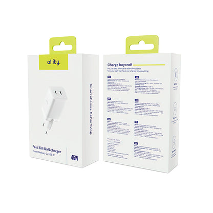 Netzladegerät Allity. ATC-01-45WCC Fast, 45W, 3A, 2 x USB-C, Weiß