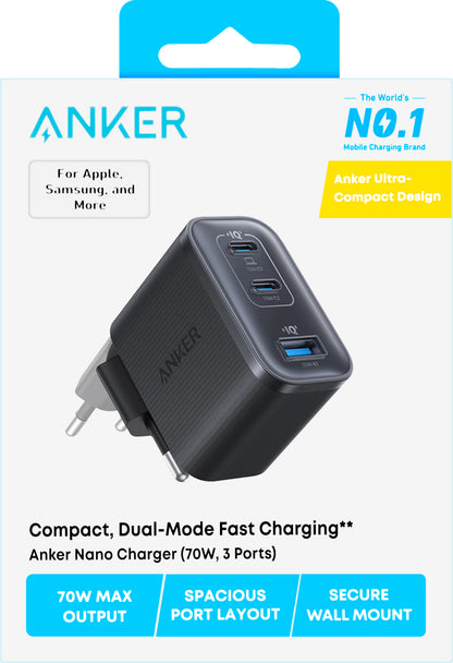 Anker Nano Netzladegerät, 70W, 3.5A, 1 x USB-A - 2 x USB-C, Schwarz A121AL11