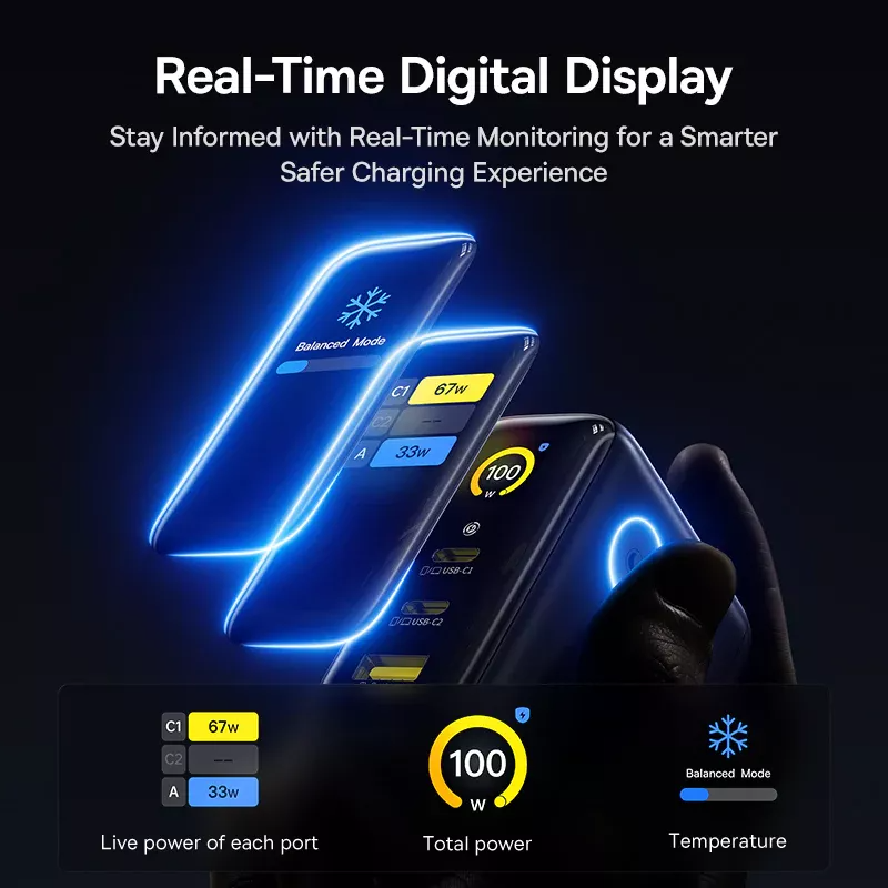 Baseus PicoGo AE21 Display Netzladegerät, 100W, 5A, 1 x USB-A - 2 x USB-C, Schwarz E0121B00