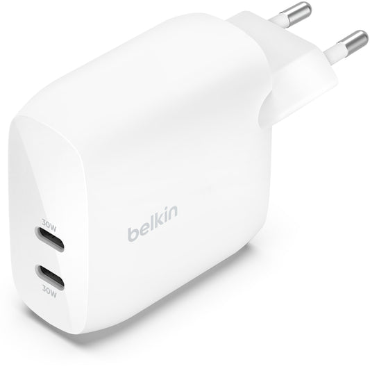 Belkin BoostCharge Pro Dual Wall Charger, 60W, 3A, 2 x USB-C, White WCB010vfWH