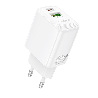Borofone BN27 Fuente Network Charger, 20W, 3A, 1 x USB-A - 1 x USB-C, White