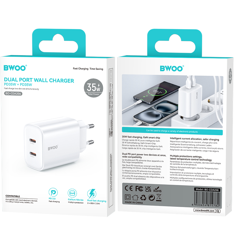Netzteil BWOO CDA206, 35W, 3A, 2 x USB-C, Weiß