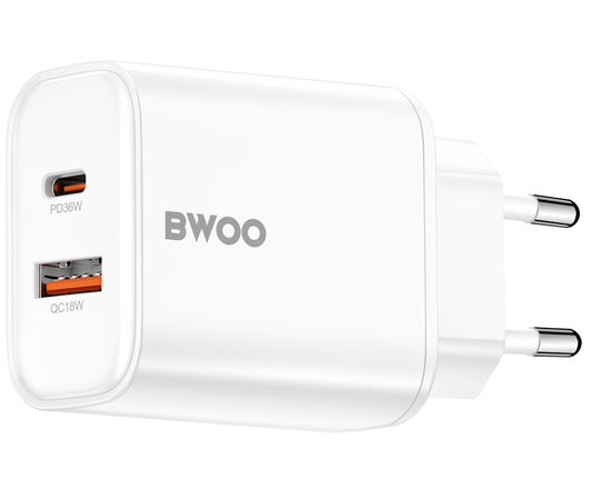Netzladegerät BWOO CDA207, 36W, 3A, 1 x USB-A - 1 x USB-C, Weiß