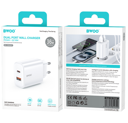 Netzladegerät BWOO CDA207, 36W, 3A, 1 x USB-A - 1 x USB-C, Weiß