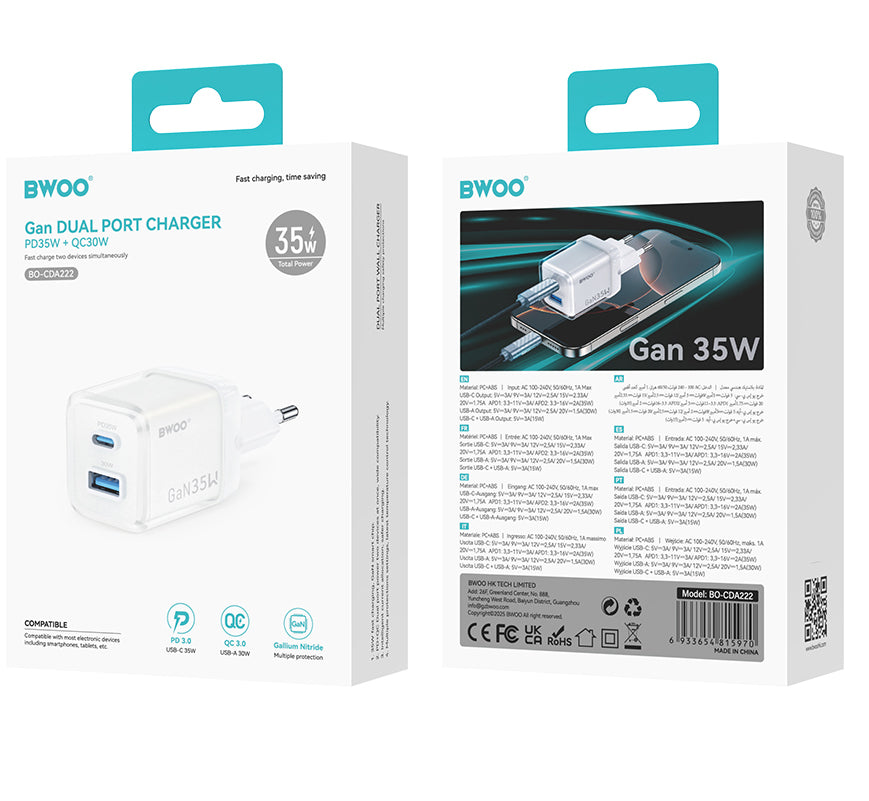 Netzladegerät BWOO CDA222, 35W, 3A, 1 x USB-A - 1 x USB-C, Weiß