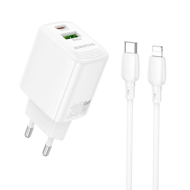Network Charger with Lightning Cable Borofone BN27 Fuente, 20W, 3A, 1 x USB-A - 1 x USB-C, White