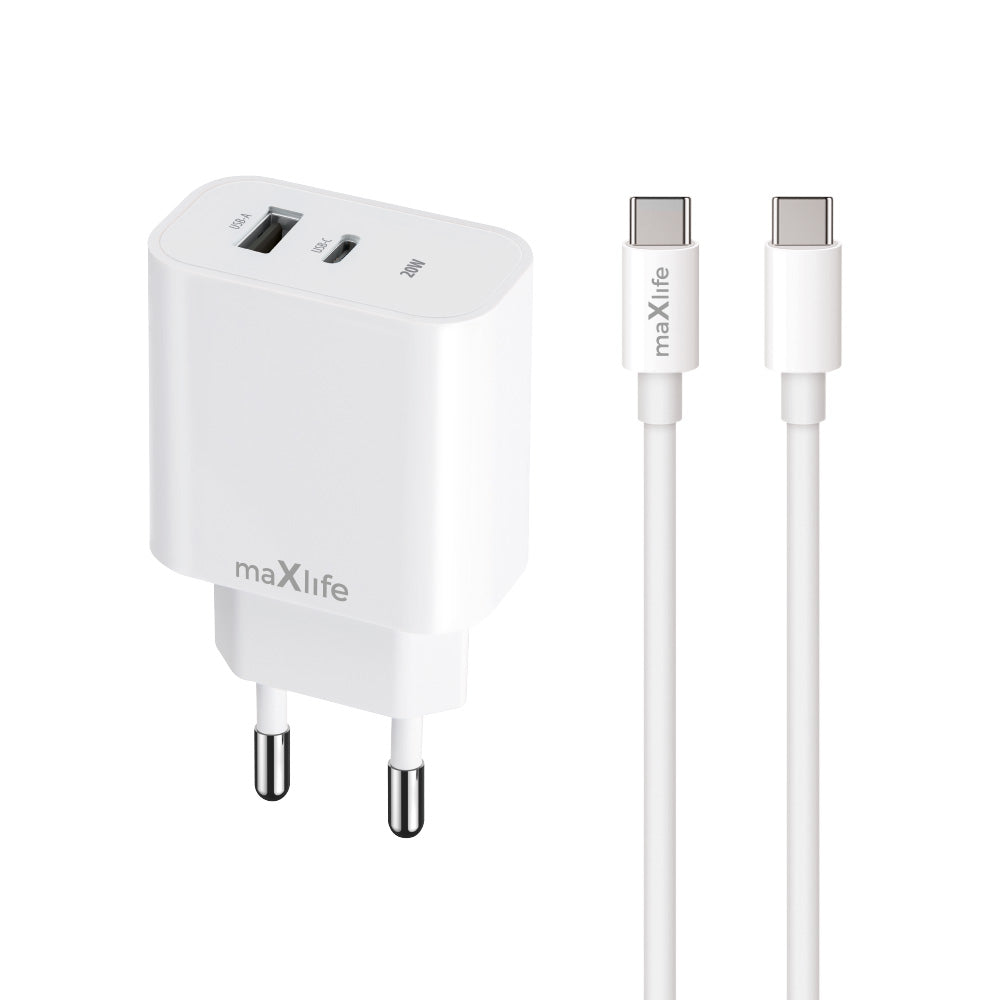 Network Charger with USB-C Cable MaXlife MXTC-06-20AC, 20W, 3A, 1 x USB-A - 1 x USB-C, White
