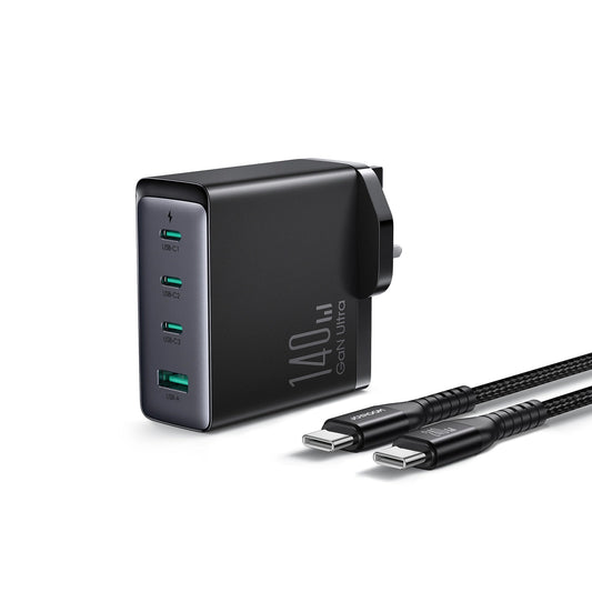 Netzladegerät mit USB-C Kabel Joyroom JR-TCG05UK, 140W, 5A, 1 x USB-A - 3 x USB-C, UK, Schwarz