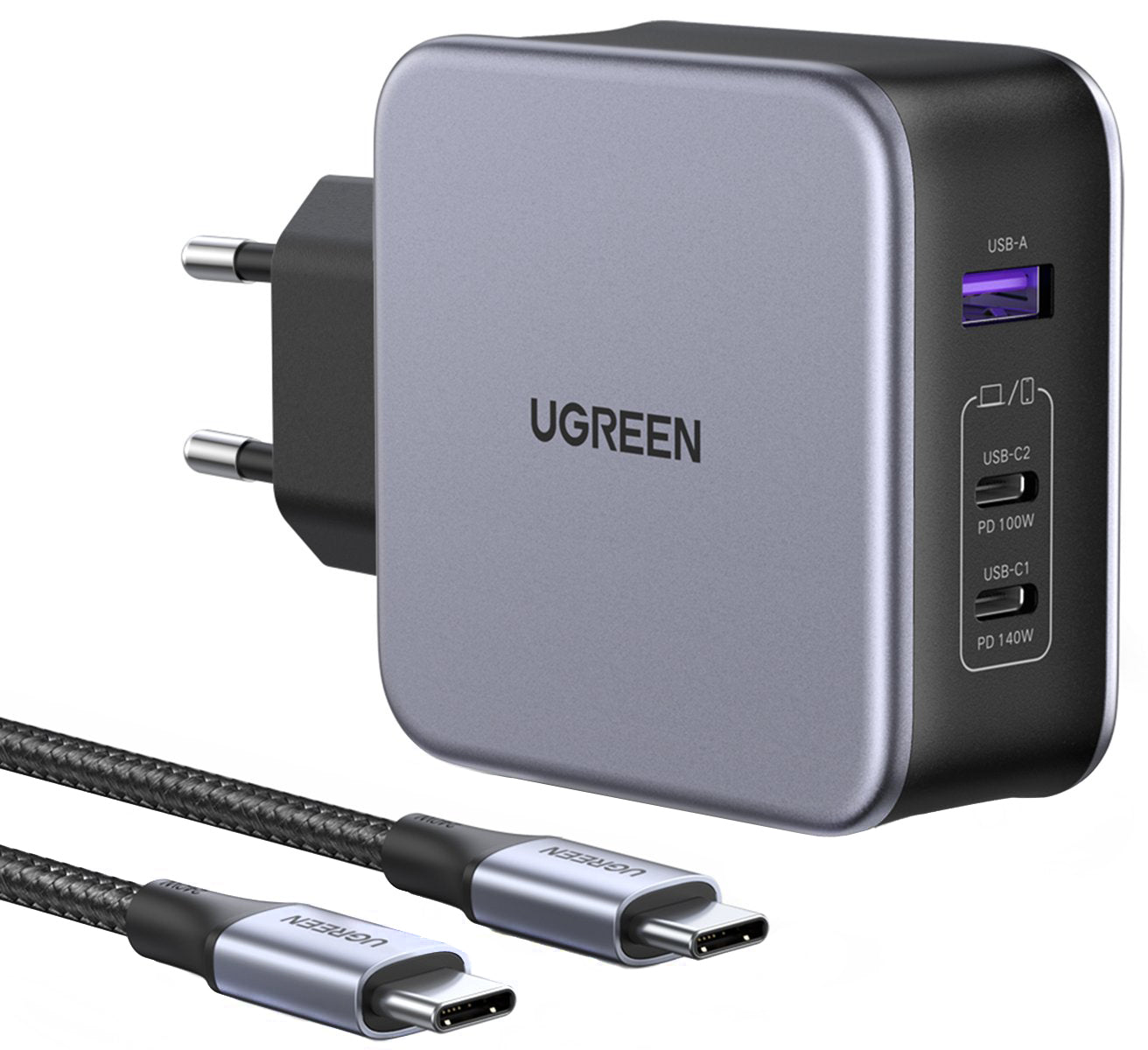 Netzladegerät mit USB-C Kabel UGREEN CD289, 140W, 5A, 1 x USB-A - 2 x USB-C, Grau
