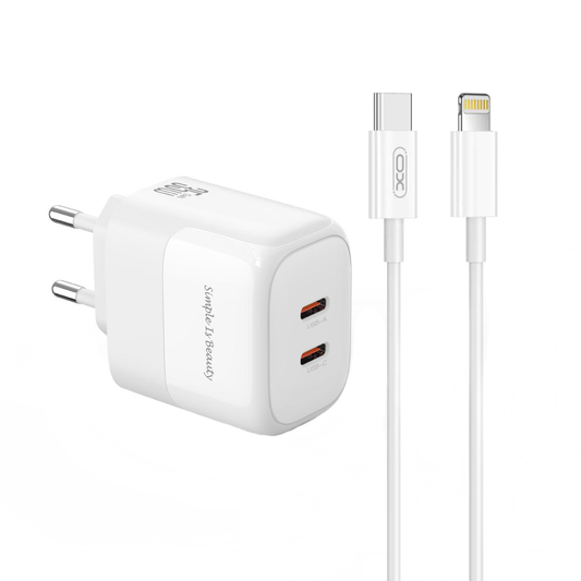 Netzladegerät mit Lightning-Kabel XO Design L140, 35W, 3A, 2 x USB-C, Weiß