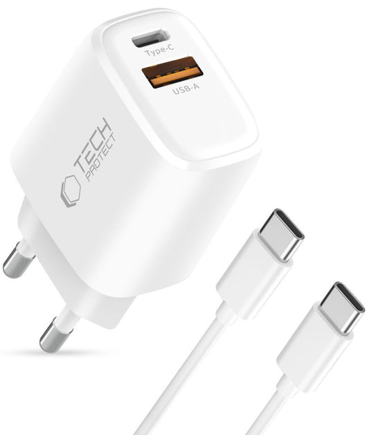 Netzladegerät mit USB-C Kabel Tech-Protect NCA45W, 45W, 3A, 1 x USB-A - 1 x USB-C, Weiß