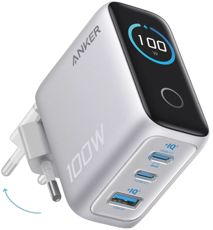 Netzladegerät mit USB-C Kabel Anker Smart Display, 100W, 5A, 1 x USB-A - 2 x USB-C, Silber B121BG41