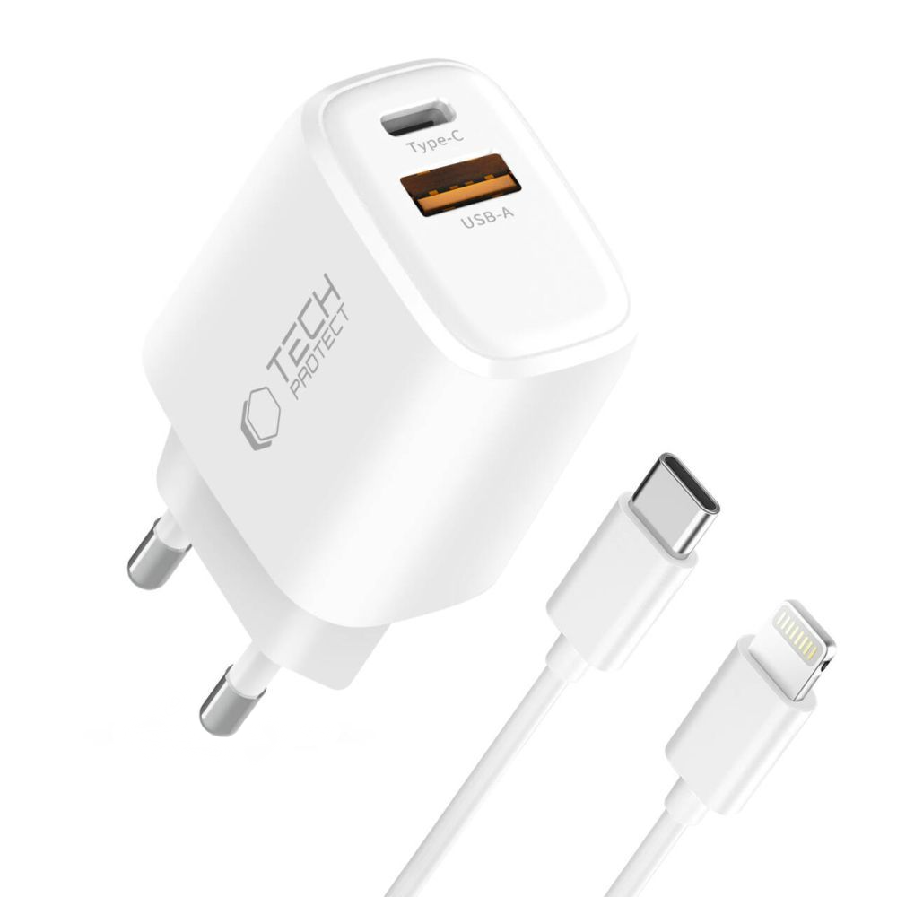 Netzteil mit Lightning-Kabel Tech-Protect NCA20, 20W, 3A, 1 x USB-A - 1 x USB-C, Weiß