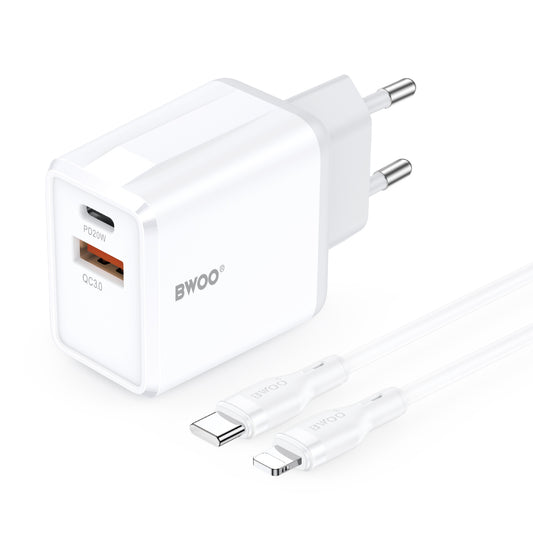 Lightning Cable Wall Charger BWOO CDA182, 38W, 3A, 1 x USB-A - 1 x USB-C, White