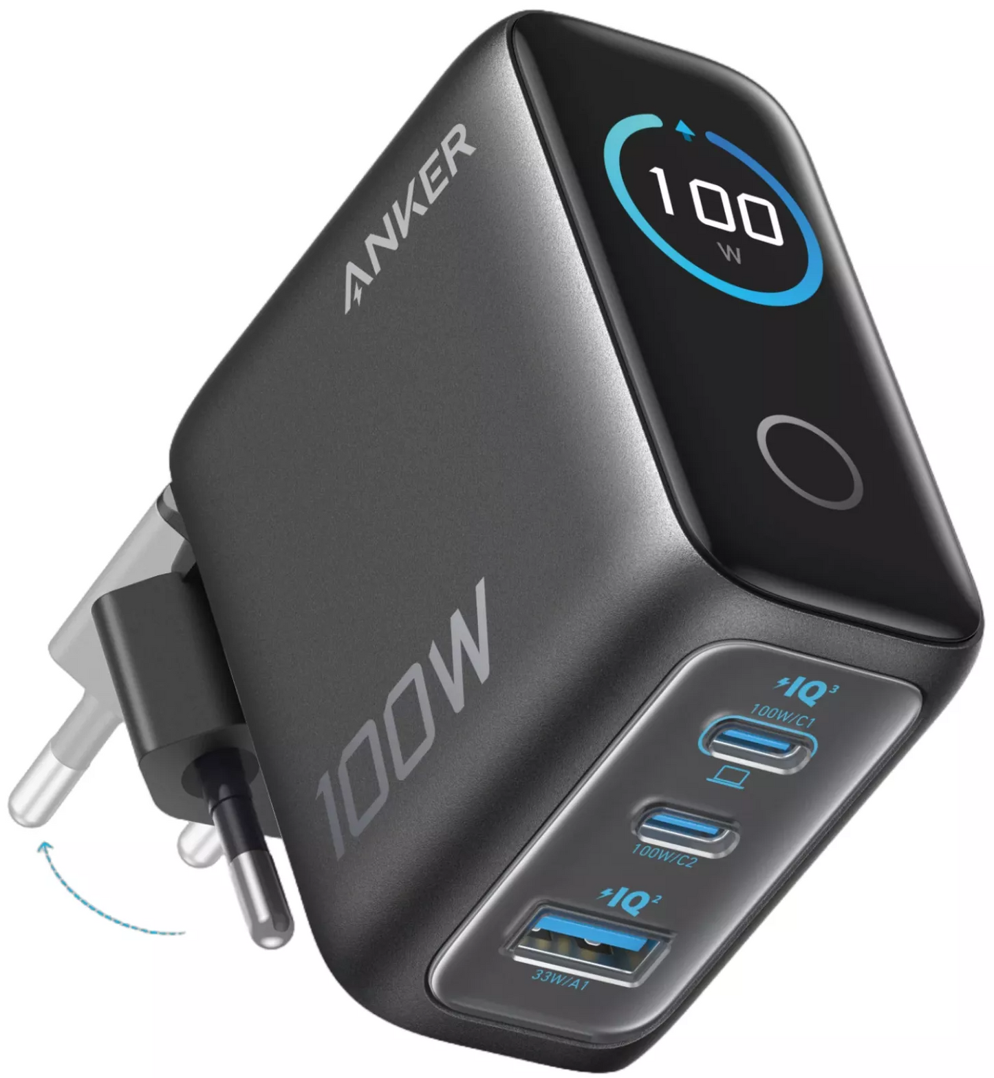 Anker Smart Display USB-C Netzladegerät, 100W, 5A, 1 x USB-A - 2 x USB-C, Grau, Wiederaufbereitet B121BGZ1