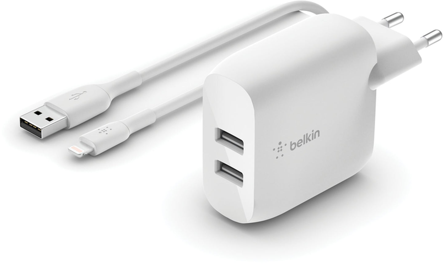 Netzteil mit USB-C-Kabel Belkin BoostCharge Dual, 24W, 2,4A, 2 x USB-A, Weiß WCE001vf1MWH
