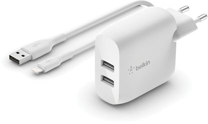Netzteil mit USB-C-Kabel Belkin BoostCharge Dual, 24W, 2,4A, 2 x USB-A, Weiß WCE001vf1MWH