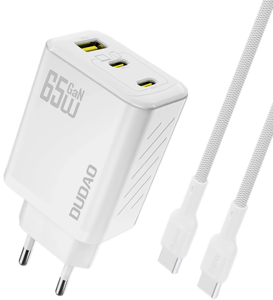 Netzteil mit USB-C-Kabel Dudao A29C, 65W, 3,25A, 1 x USB-A - 2 x USB-C, Weiß