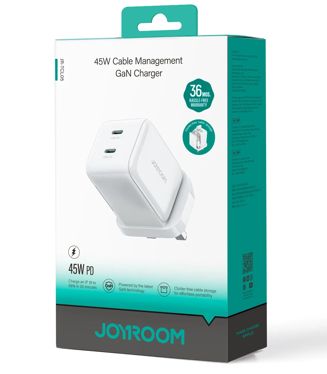 Netzladegerät mit USB-C Kabel Joyroom JR-TCL05, 45W, 3A, 2 x USB-C, Weiß