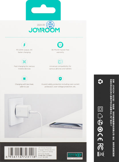 Netzladegerät mit USB-C Kabel Joyroom JR-TCF20, 20W, 3A, 1 x USB-C, Weiß