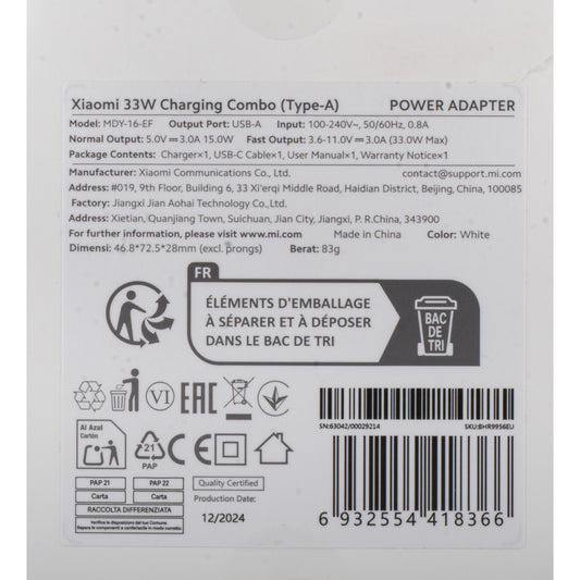 Netzladegerät mit USB-C Kabel Xiaomi, 33W, 3A, 1 x USB-A, Weiß BHR9956EU