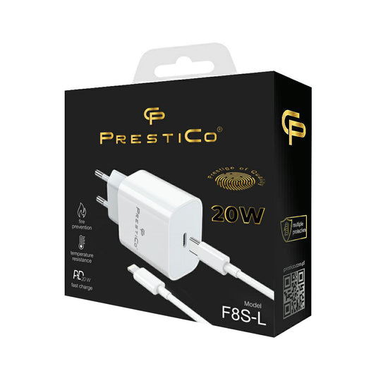 Netzladegerät mit Lightning-Kabel Prestico F8S, 20W, 3A, 1 x USB-C, Weiß