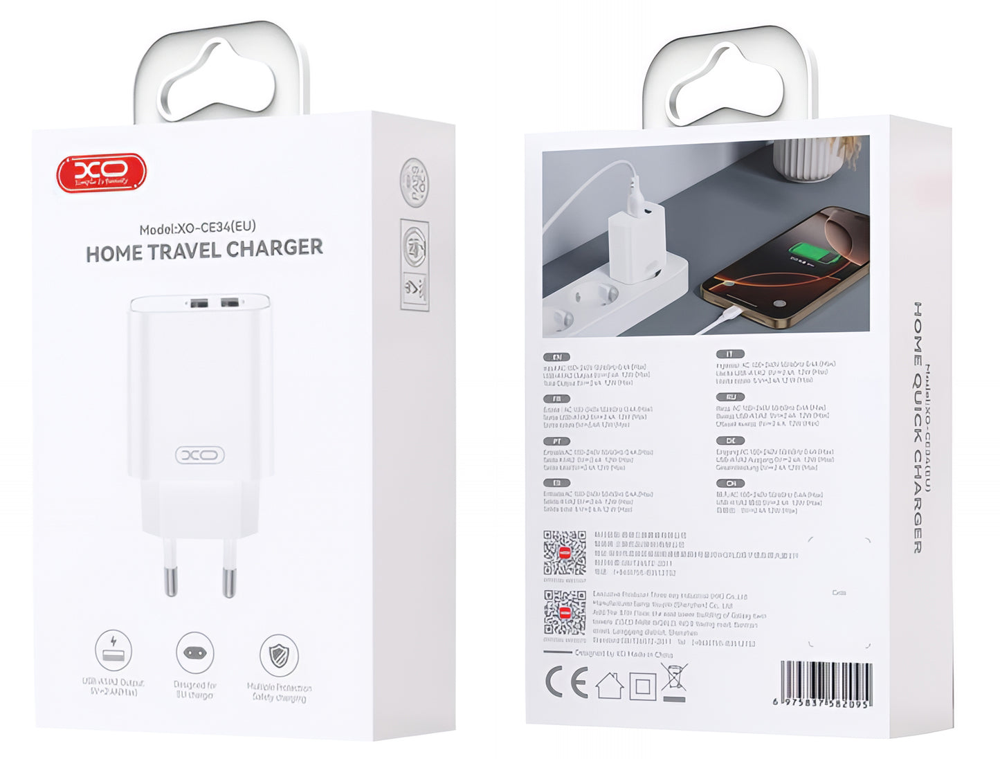 Netzladegerät mit Lightning-Kabel XO Design CE34, 12W, 2.4A, 2 x USB-A, Weiß
