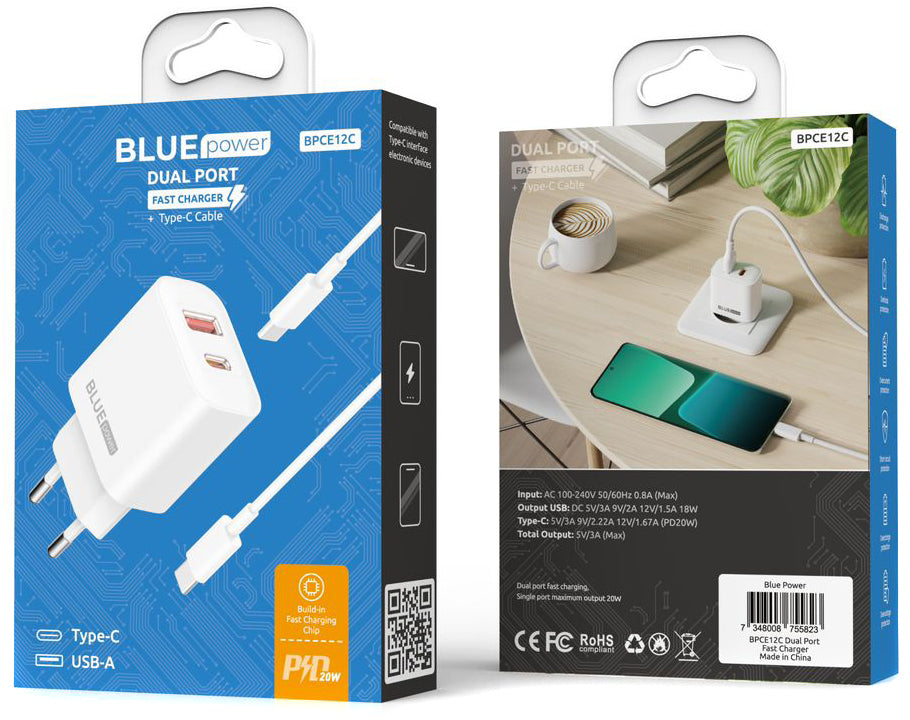 Blue Power BPCE12C USB-C Cable Network Charger BPCE12C, 20W, 3A, 1 x USB-A - 1 x USB-C, White 