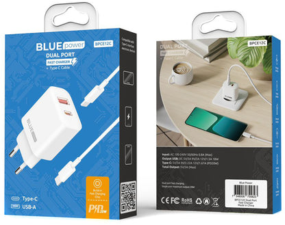 Blue Power BPCE12C USB-C Cable Network Charger BPCE12C, 20W, 3A, 1 x USB-A - 1 x USB-C, White 