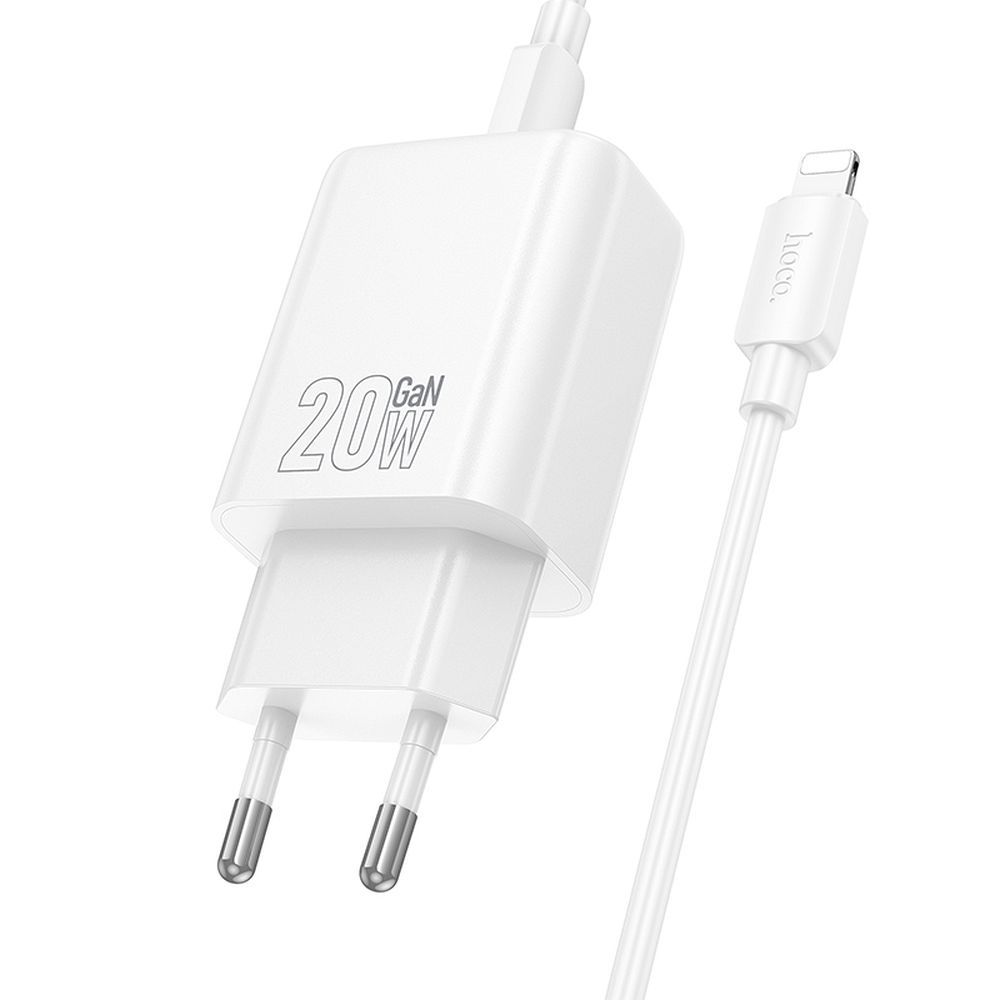 Network Charger with Lightning Cable HOCO N61, 20W, 3A, 1 x USB-A - 1 x USB-C, White