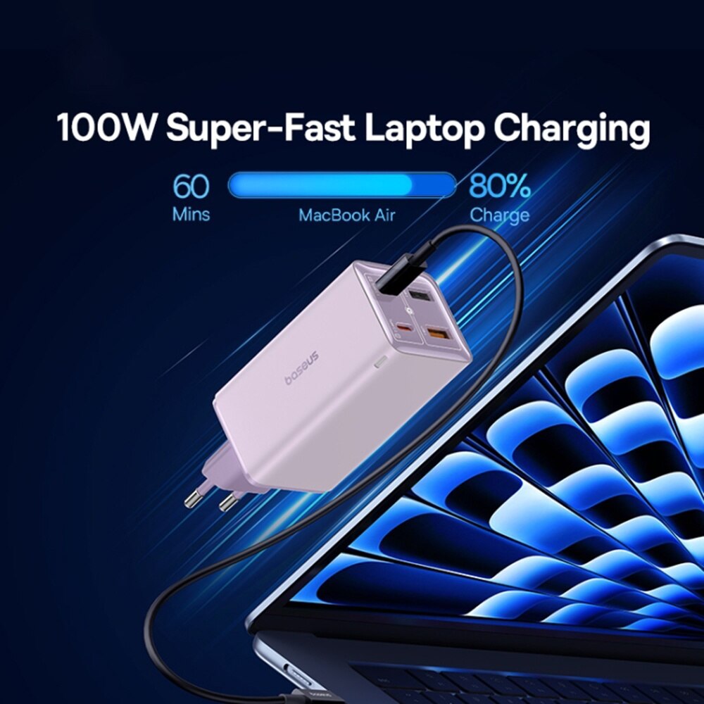 Netzladegerät mit USB-C Kabel Baseus GaN6 Pro, 100W, 3.25A, 2 x USB-A - 2 x USB-C, Lila P10162705532-00