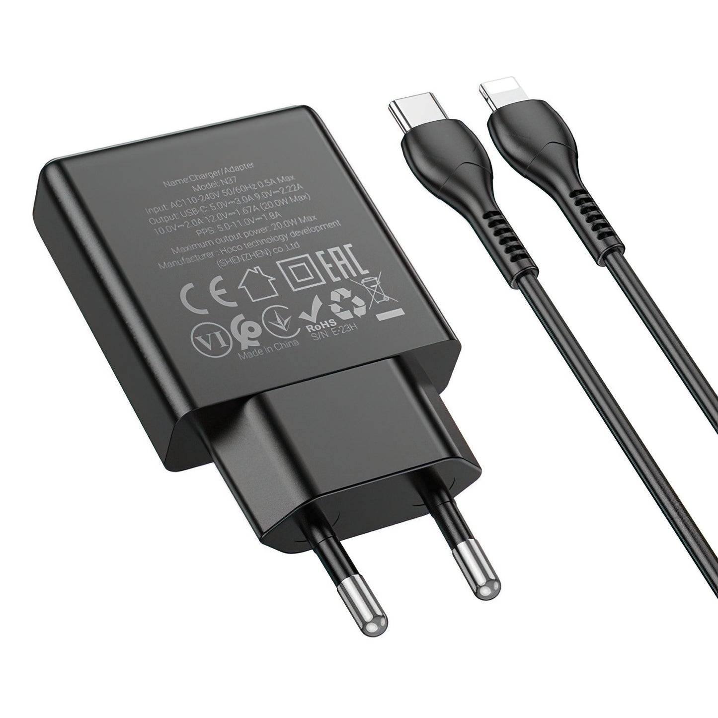 Netzladegerät mit Lightning-Kabel HOCO N37, 30W, 3A, 1 x USB-C, Schwarz