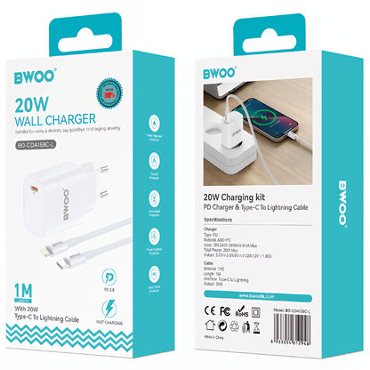 Netzladegerät mit Lightning-Kabel BWOO CDA159, 20W, 3A, 1 x USB-C, Weiß
