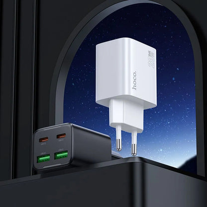 Netzladegerät mit USB-C Kabel HOCO N55, 20W, 3A, 2 x USB-A - 2 x USB-C, Weiß