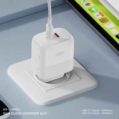 Network Charger with USB-C Cable XO Design L140, 35W, 3A, 2 x USB-C, White